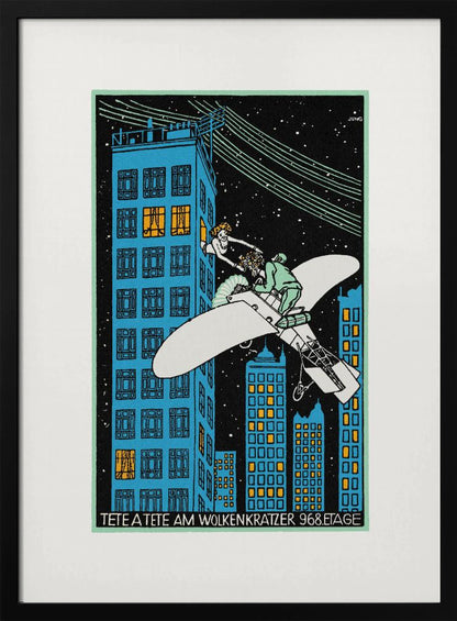 A vintage Art Deco illustration by Jung titled 'Tete a Tete am Wolkenkratzer 968.Etage'. The artwork depicts a man in a small white airplane handing a bouquet of flowers to a woman leaning out of a high-story window of a blue skyscraper against a black, starry night sky. Print