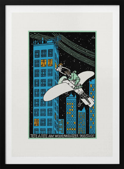 A vintage Art Deco illustration by Jung titled 'Tete a Tete am Wolkenkratzer 968.Etage'. The artwork depicts a man in a small white airplane handing a bouquet of flowers to a woman leaning out of a high-story window of a blue skyscraper against a black, starry night sky. Print