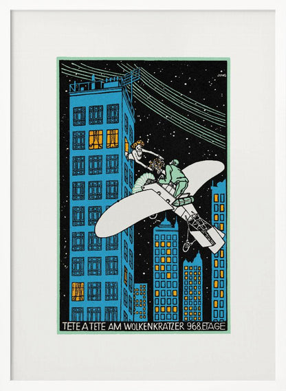 A vintage Art Deco illustration by Jung titled 'Tete a Tete am Wolkenkratzer 968.Etage'. The artwork depicts a man in a small white airplane handing a bouquet of flowers to a woman leaning out of a high-story window of a blue skyscraper against a black, starry night sky. Print