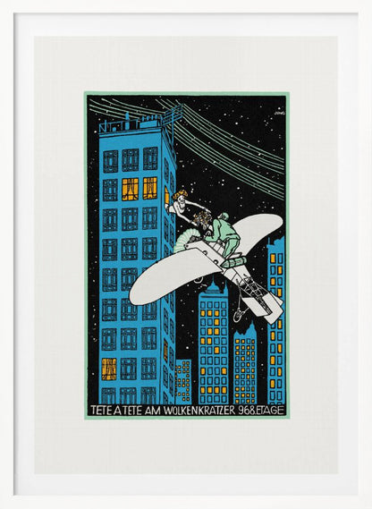 A vintage Art Deco illustration by Jung titled 'Tete a Tete am Wolkenkratzer 968.Etage'. The artwork depicts a man in a small white airplane handing a bouquet of flowers to a woman leaning out of a high-story window of a blue skyscraper against a black, starry night sky. Print