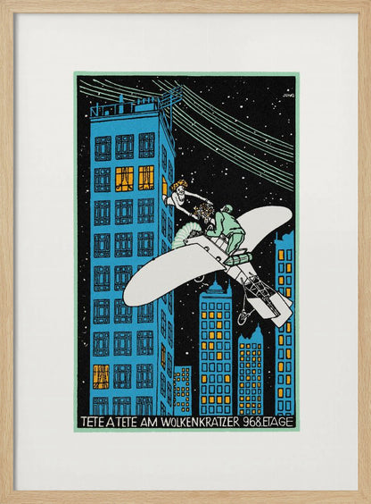 A vintage Art Deco illustration by Jung titled 'Tete a Tete am Wolkenkratzer 968.Etage'. The artwork depicts a man in a small white airplane handing a bouquet of flowers to a woman leaning out of a high-story window of a blue skyscraper against a black, starry night sky. Print