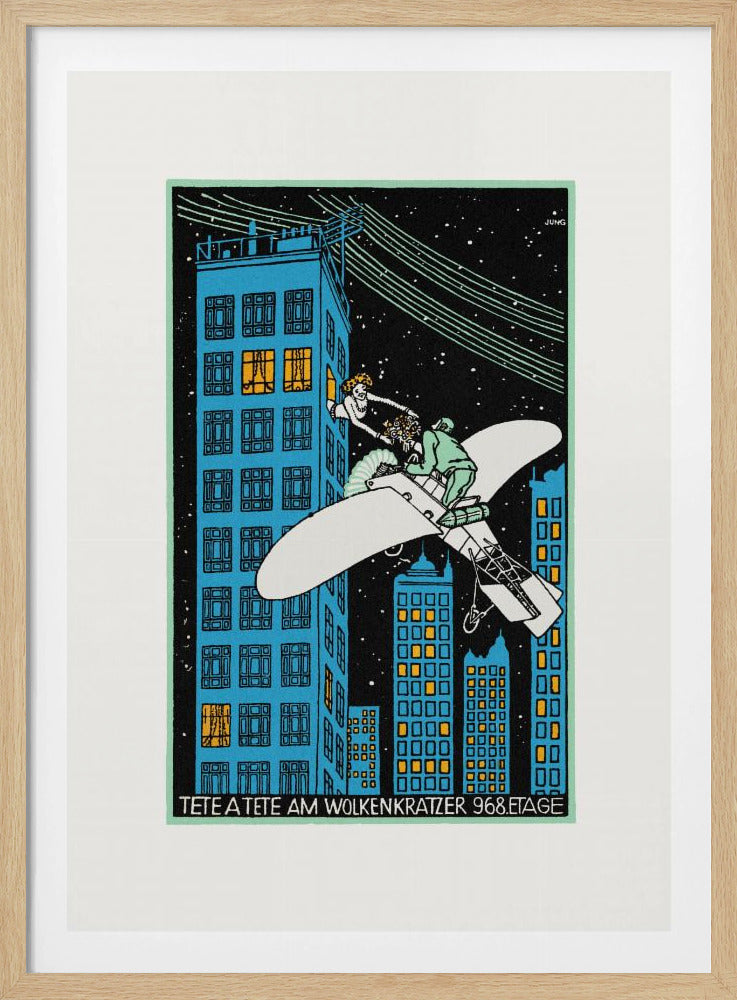 A vintage Art Deco illustration by Jung titled 'Tete a Tete am Wolkenkratzer 968.Etage'. The artwork depicts a man in a small white airplane handing a bouquet of flowers to a woman leaning out of a high-story window of a blue skyscraper against a black, starry night sky. Print