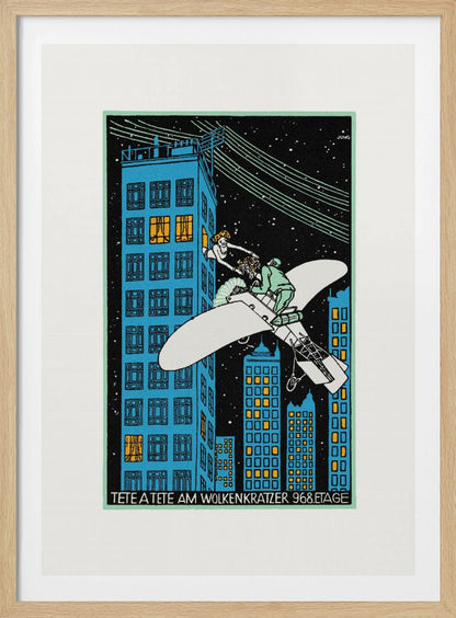 A vintage Art Deco illustration by Jung titled 'Tete a Tete am Wolkenkratzer 968.Etage'. The artwork depicts a man in a small white airplane handing a bouquet of flowers to a woman leaning out of a high-story window of a blue skyscraper against a black, starry night sky. Print