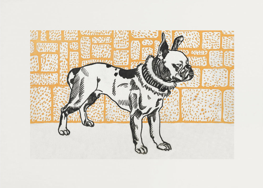 A vintage-style block print illustration of a black and white French Bulldog standing in profile. The dog has large ears and a thick collar, and it is set against a yellow-orange background with a textured brick pattern. The artwork is matted in white and displayed in a silver frame. Wall Art