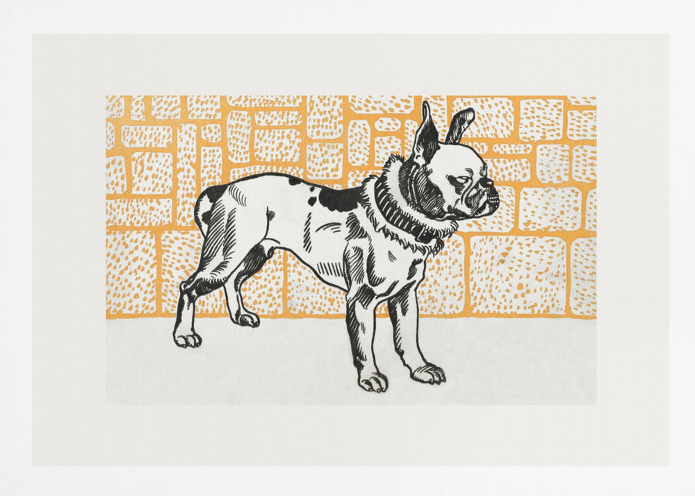 A vintage-style block print illustration of a black and white French Bulldog standing in profile. The dog has large ears and a thick collar, and it is set against a yellow-orange background with a textured brick pattern. The artwork is matted in white and displayed in a silver frame. Wall Art