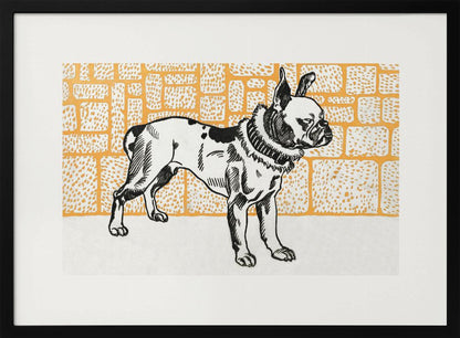 A vintage-style block print illustration of a black and white French Bulldog standing in profile. The dog has large ears and a thick collar, and it is set against a yellow-orange background with a textured brick pattern. The artwork is matted in white and displayed in a silver frame. Wall Art