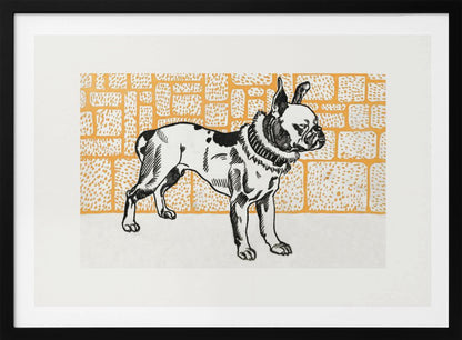 A vintage-style block print illustration of a black and white French Bulldog standing in profile. The dog has large ears and a thick collar, and it is set against a yellow-orange background with a textured brick pattern. The artwork is matted in white and displayed in a silver frame. Wall Art