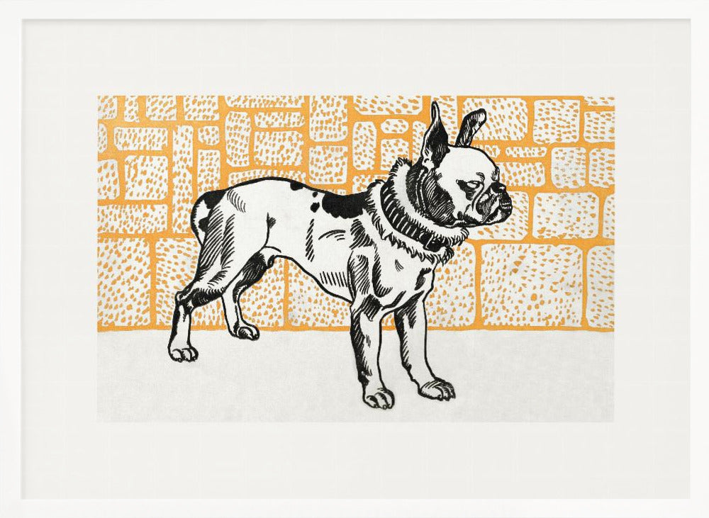 A vintage-style block print illustration of a black and white French Bulldog standing in profile. The dog has large ears and a thick collar, and it is set against a yellow-orange background with a textured brick pattern. The artwork is matted in white and displayed in a silver frame. Wall Art