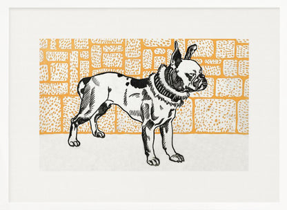 A vintage-style block print illustration of a black and white French Bulldog standing in profile. The dog has large ears and a thick collar, and it is set against a yellow-orange background with a textured brick pattern. The artwork is matted in white and displayed in a silver frame. Wall Art