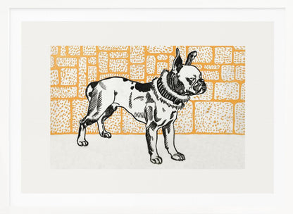 A vintage-style block print illustration of a black and white French Bulldog standing in profile. The dog has large ears and a thick collar, and it is set against a yellow-orange background with a textured brick pattern. The artwork is matted in white and displayed in a silver frame. Wall Art