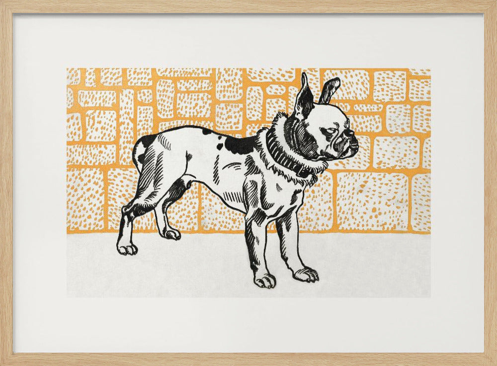 A vintage-style block print illustration of a black and white French Bulldog standing in profile. The dog has large ears and a thick collar, and it is set against a yellow-orange background with a textured brick pattern. The artwork is matted in white and displayed in a silver frame. Wall Art
