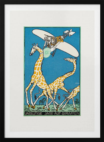 A vintage German illustration by Jung titled 'Unblutige Jagd auf Giraffen' (Bloodless Hunt for Giraffes). The artwork shows several people in an old-fashioned airplane flying over a herd of running giraffes against a solid blue sky. One person aims a green and white circular device at a giraffe's head. The style is graphic with bold outlines. Decor