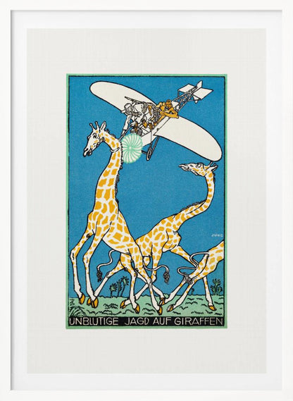 A vintage German illustration by Jung titled 'Unblutige Jagd auf Giraffen' (Bloodless Hunt for Giraffes). The artwork shows several people in an old-fashioned airplane flying over a herd of running giraffes against a solid blue sky. One person aims a green and white circular device at a giraffe's head. The style is graphic with bold outlines. Decor