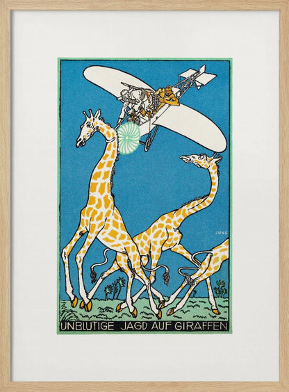 A vintage German illustration by Jung titled 'Unblutige Jagd auf Giraffen' (Bloodless Hunt for Giraffes). The artwork shows several people in an old-fashioned airplane flying over a herd of running giraffes against a solid blue sky. One person aims a green and white circular device at a giraffe's head. The style is graphic with bold outlines. Decor