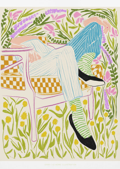 A colorful illustration of a person lounging in a white-framed, yellow-checkered chair amidst a vibrant field of flowers. The figure wears striped pants, green striped socks, and black shoes, with pink, purple, and yellow flowers surrounding them against an off-white background. Poster