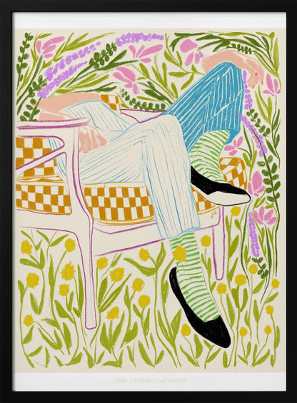 A colorful illustration of a person lounging in a white-framed, yellow-checkered chair amidst a vibrant field of flowers. The figure wears striped pants, green striped socks, and black shoes, with pink, purple, and yellow flowers surrounding them against an off-white background. Poster