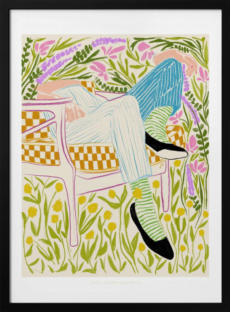 A colorful illustration of a person lounging in a white-framed, yellow-checkered chair amidst a vibrant field of flowers. The figure wears striped pants, green striped socks, and black shoes, with pink, purple, and yellow flowers surrounding them against an off-white background. Poster