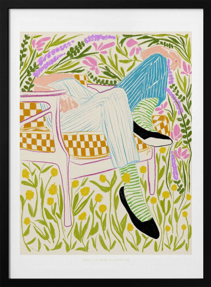 A colorful illustration of a person lounging in a white-framed, yellow-checkered chair amidst a vibrant field of flowers. The figure wears striped pants, green striped socks, and black shoes, with pink, purple, and yellow flowers surrounding them against an off-white background. Poster