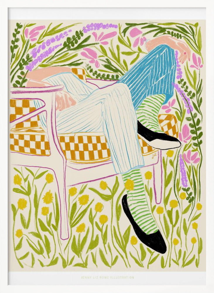 A colorful illustration of a person lounging in a white-framed, yellow-checkered chair amidst a vibrant field of flowers. The figure wears striped pants, green striped socks, and black shoes, with pink, purple, and yellow flowers surrounding them against an off-white background. Poster