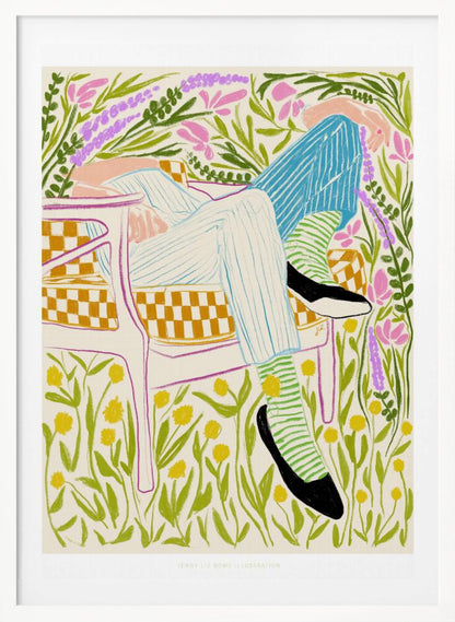A colorful illustration of a person lounging in a white-framed, yellow-checkered chair amidst a vibrant field of flowers. The figure wears striped pants, green striped socks, and black shoes, with pink, purple, and yellow flowers surrounding them against an off-white background. Poster