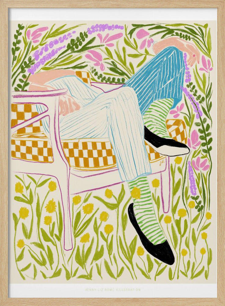 A colorful illustration of a person lounging in a white-framed, yellow-checkered chair amidst a vibrant field of flowers. The figure wears striped pants, green striped socks, and black shoes, with pink, purple, and yellow flowers surrounding them against an off-white background. Poster