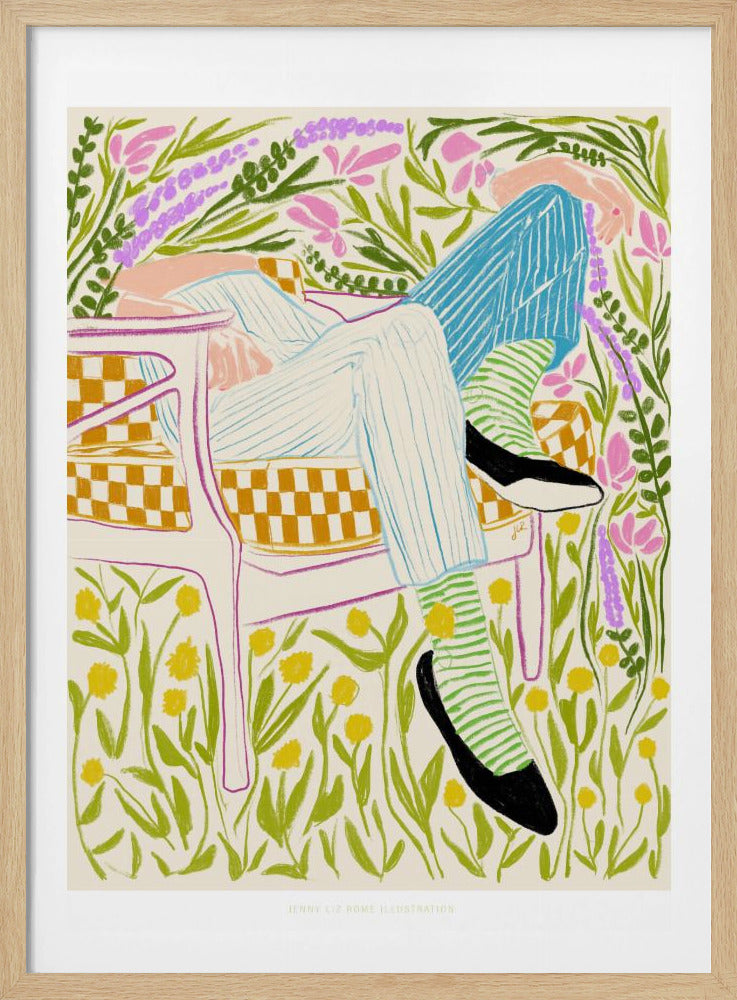 A colorful illustration of a person lounging in a white-framed, yellow-checkered chair amidst a vibrant field of flowers. The figure wears striped pants, green striped socks, and black shoes, with pink, purple, and yellow flowers surrounding them against an off-white background. Poster