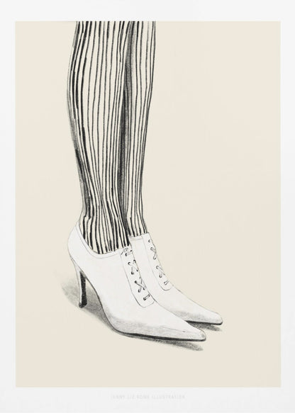 A black and white pencil illustration focusing on the lower legs and feet of a person wearing vertically striped tights and white, pointed-toe, lace-up stiletto heels against a cream background. Artwork