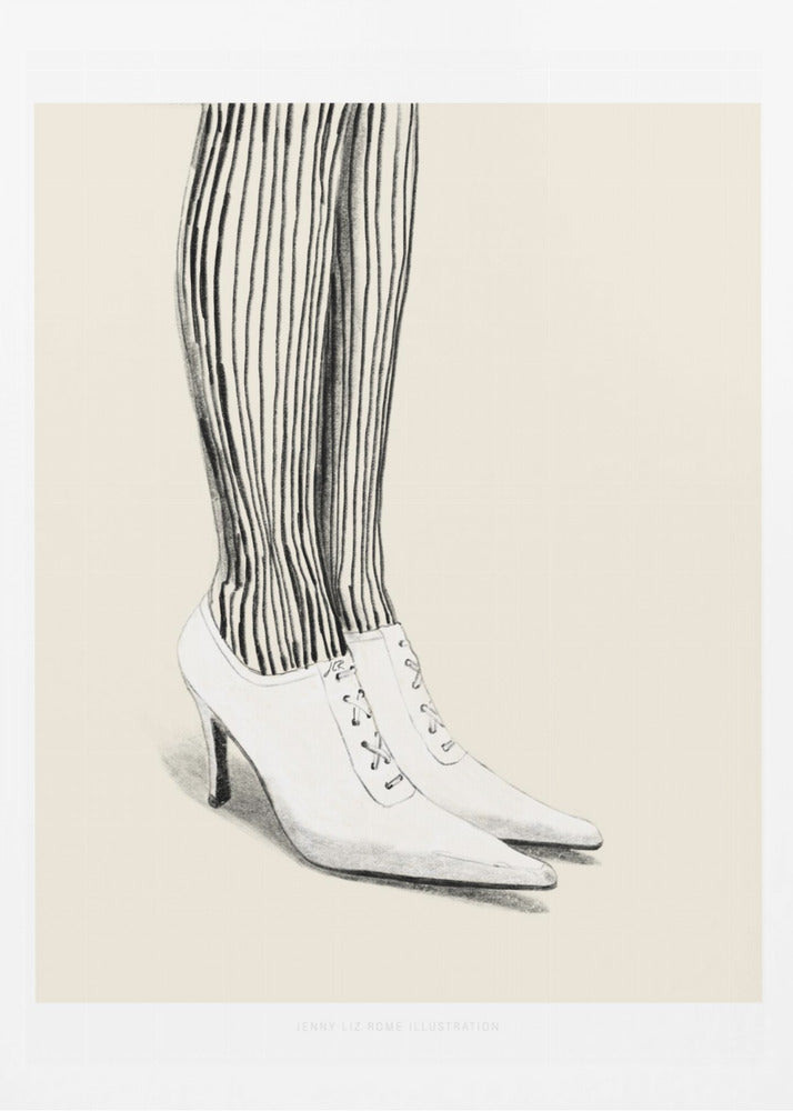 A black and white pencil illustration focusing on the lower legs and feet of a person wearing vertically striped tights and white, pointed-toe, lace-up stiletto heels against a cream background. Artwork