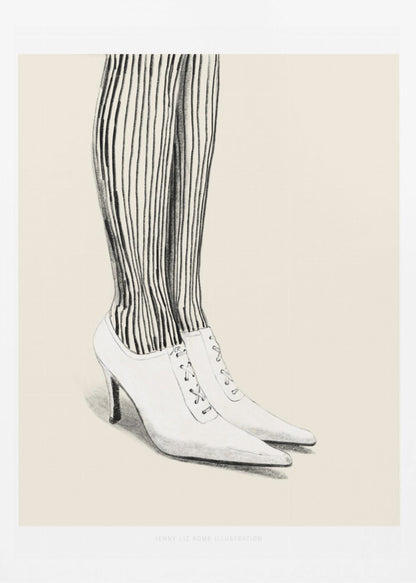A black and white pencil illustration focusing on the lower legs and feet of a person wearing vertically striped tights and white, pointed-toe, lace-up stiletto heels against a cream background. Artwork