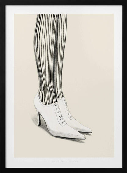 A black and white pencil illustration focusing on the lower legs and feet of a person wearing vertically striped tights and white, pointed-toe, lace-up stiletto heels against a cream background. Artwork