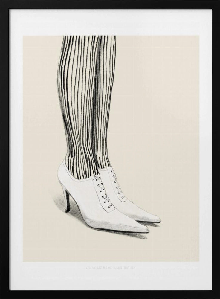 A black and white pencil illustration focusing on the lower legs and feet of a person wearing vertically striped tights and white, pointed-toe, lace-up stiletto heels against a cream background. Artwork