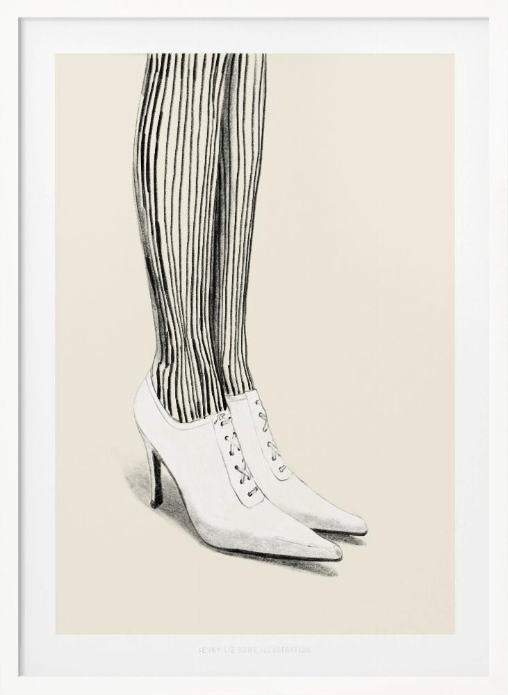 A black and white pencil illustration focusing on the lower legs and feet of a person wearing vertically striped tights and white, pointed-toe, lace-up stiletto heels against a cream background. Artwork