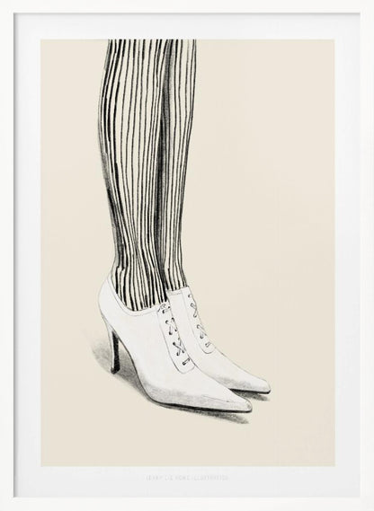 A black and white pencil illustration focusing on the lower legs and feet of a person wearing vertically striped tights and white, pointed-toe, lace-up stiletto heels against a cream background. Artwork