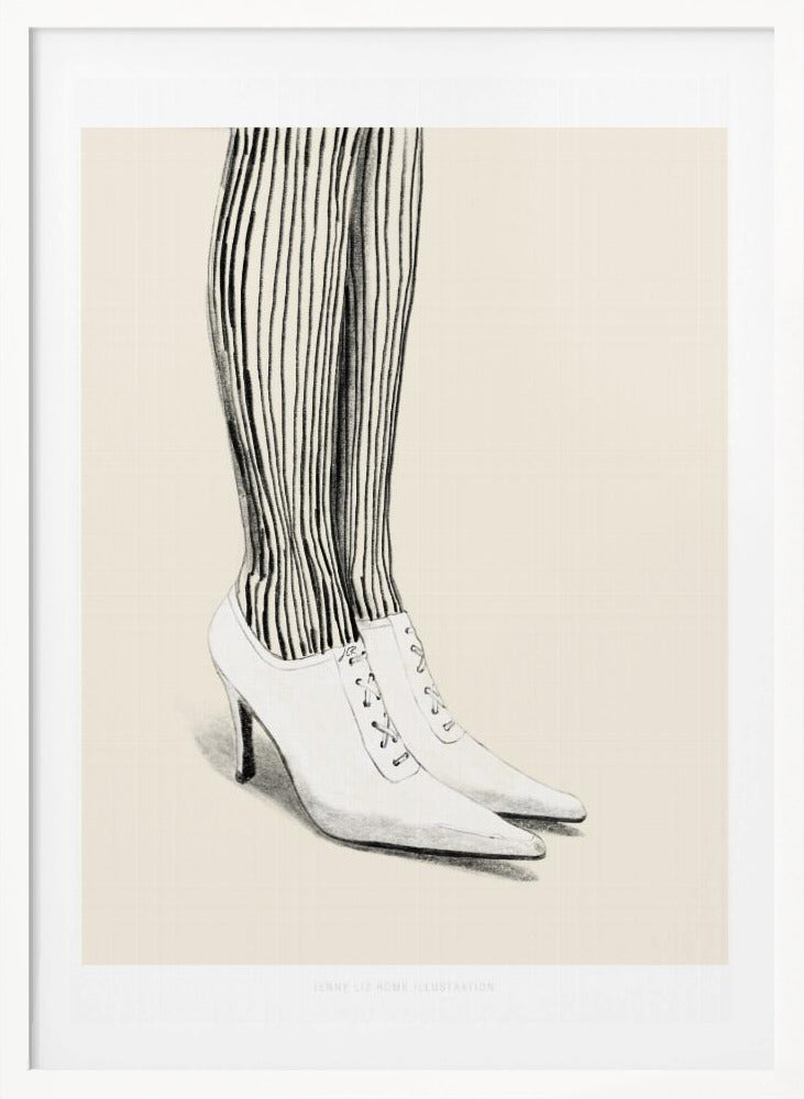 A black and white pencil illustration focusing on the lower legs and feet of a person wearing vertically striped tights and white, pointed-toe, lace-up stiletto heels against a cream background. Artwork