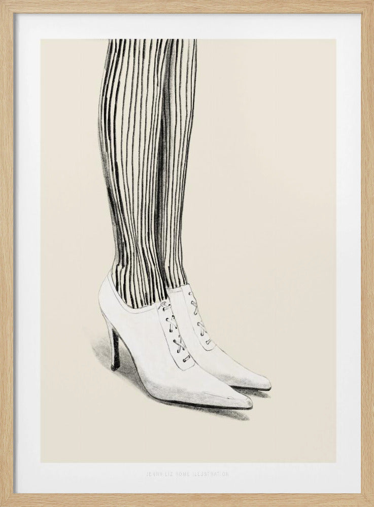 A black and white pencil illustration focusing on the lower legs and feet of a person wearing vertically striped tights and white, pointed-toe, lace-up stiletto heels against a cream background. Artwork