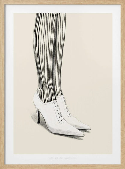 A black and white pencil illustration focusing on the lower legs and feet of a person wearing vertically striped tights and white, pointed-toe, lace-up stiletto heels against a cream background. Artwork