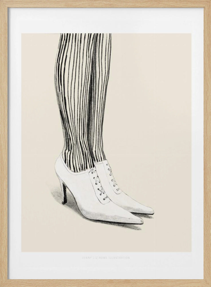 A black and white pencil illustration focusing on the lower legs and feet of a person wearing vertically striped tights and white, pointed-toe, lace-up stiletto heels against a cream background. Artwork