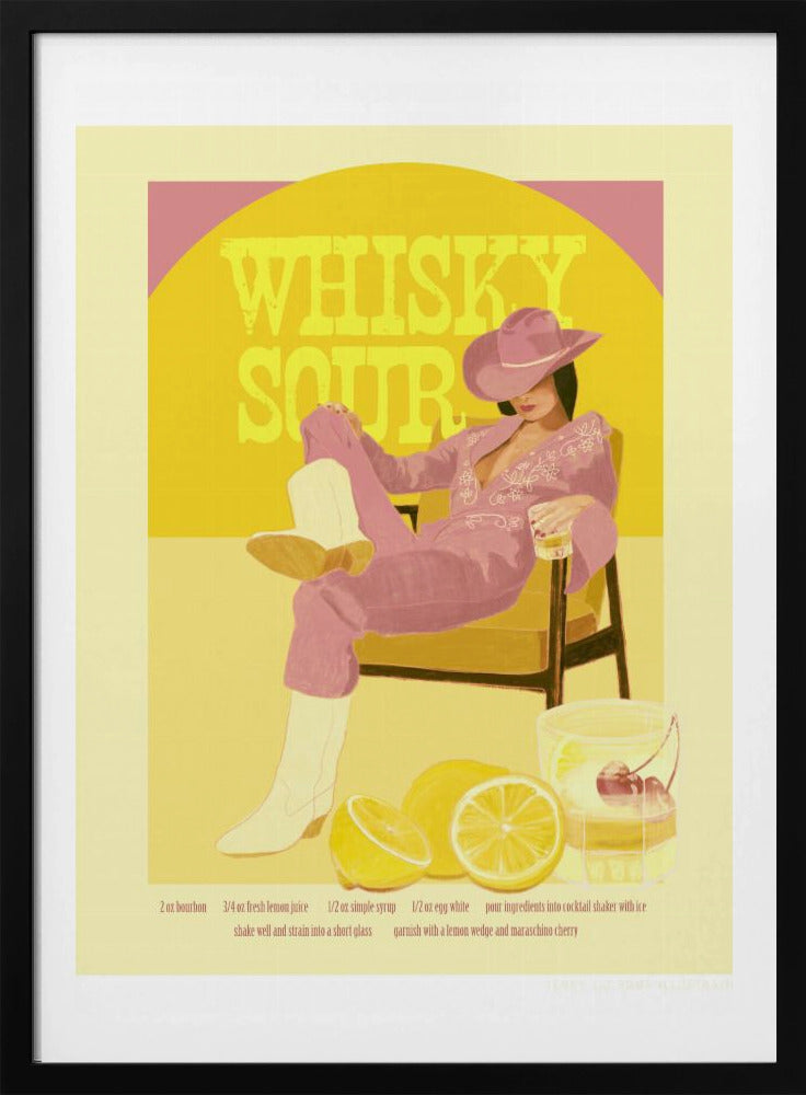 A vintage-style poster for a Whisky Sour cocktail, featuring an illustration of a woman in a pink jumpsuit, cowboy hat, and white boots relaxing in a chair with a drink. Behind her, a yellow circle displays the text 'WHISKY SOUR'. In the foreground are fresh lemons and a cocktail shaker, with the recipe printed below. Artwork