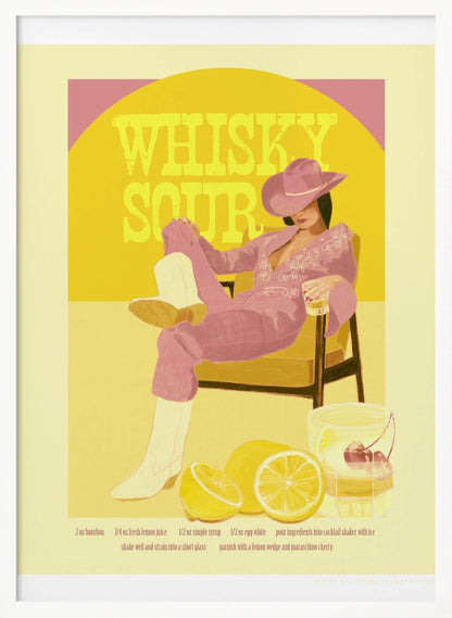 A vintage-style poster for a Whisky Sour cocktail, featuring an illustration of a woman in a pink jumpsuit, cowboy hat, and white boots relaxing in a chair with a drink. Behind her, a yellow circle displays the text 'WHISKY SOUR'. In the foreground are fresh lemons and a cocktail shaker, with the recipe printed below. Artwork