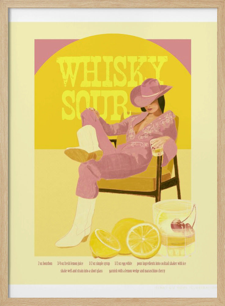 A vintage-style poster for a Whisky Sour cocktail, featuring an illustration of a woman in a pink jumpsuit, cowboy hat, and white boots relaxing in a chair with a drink. Behind her, a yellow circle displays the text 'WHISKY SOUR'. In the foreground are fresh lemons and a cocktail shaker, with the recipe printed below. Artwork