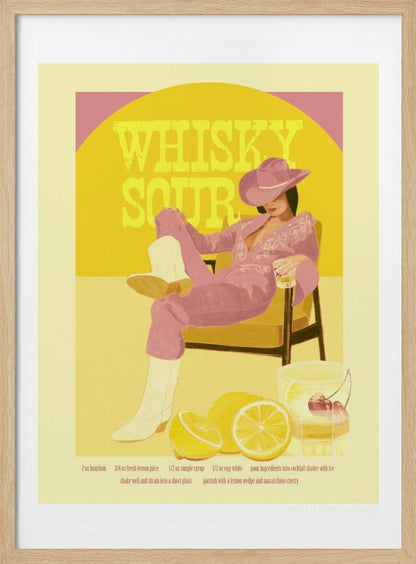 A vintage-style poster for a Whisky Sour cocktail, featuring an illustration of a woman in a pink jumpsuit, cowboy hat, and white boots relaxing in a chair with a drink. Behind her, a yellow circle displays the text 'WHISKY SOUR'. In the foreground are fresh lemons and a cocktail shaker, with the recipe printed below. Artwork