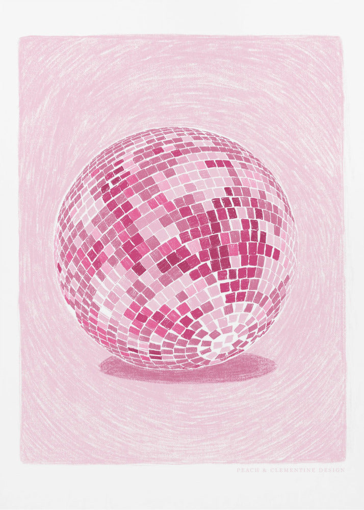 A monochromatic illustration of a disco ball rendered in various shades of pink. The disco ball is centered against a light pink background with a textured, sketchy quality, and it casts a darker pink shadow beneath it. The artwork is shown within a black frame with a white mat. Poster