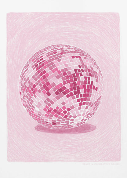 A monochromatic illustration of a disco ball rendered in various shades of pink. The disco ball is centered against a light pink background with a textured, sketchy quality, and it casts a darker pink shadow beneath it. The artwork is shown within a black frame with a white mat. Poster
