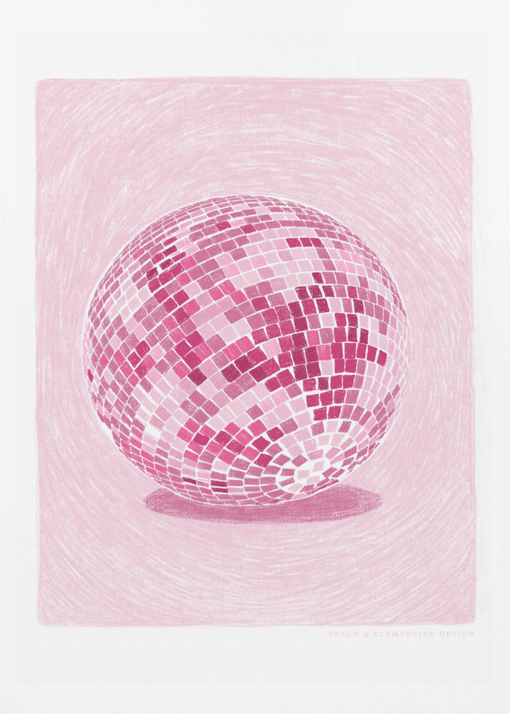 A monochromatic illustration of a disco ball rendered in various shades of pink. The disco ball is centered against a light pink background with a textured, sketchy quality, and it casts a darker pink shadow beneath it. The artwork is shown within a black frame with a white mat. Poster