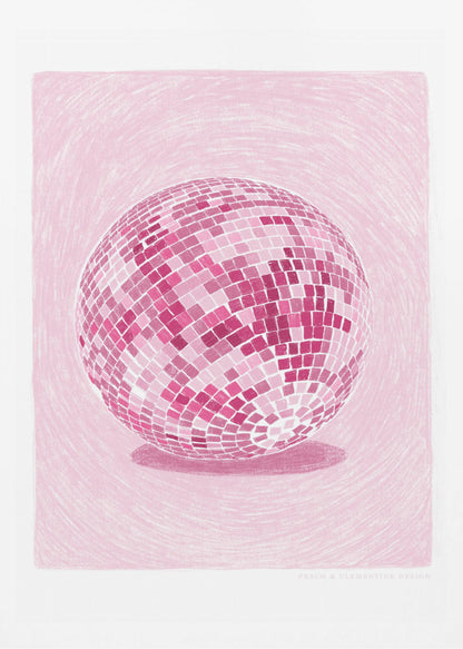 A monochromatic illustration of a disco ball rendered in various shades of pink. The disco ball is centered against a light pink background with a textured, sketchy quality, and it casts a darker pink shadow beneath it. The artwork is shown within a black frame with a white mat. Poster