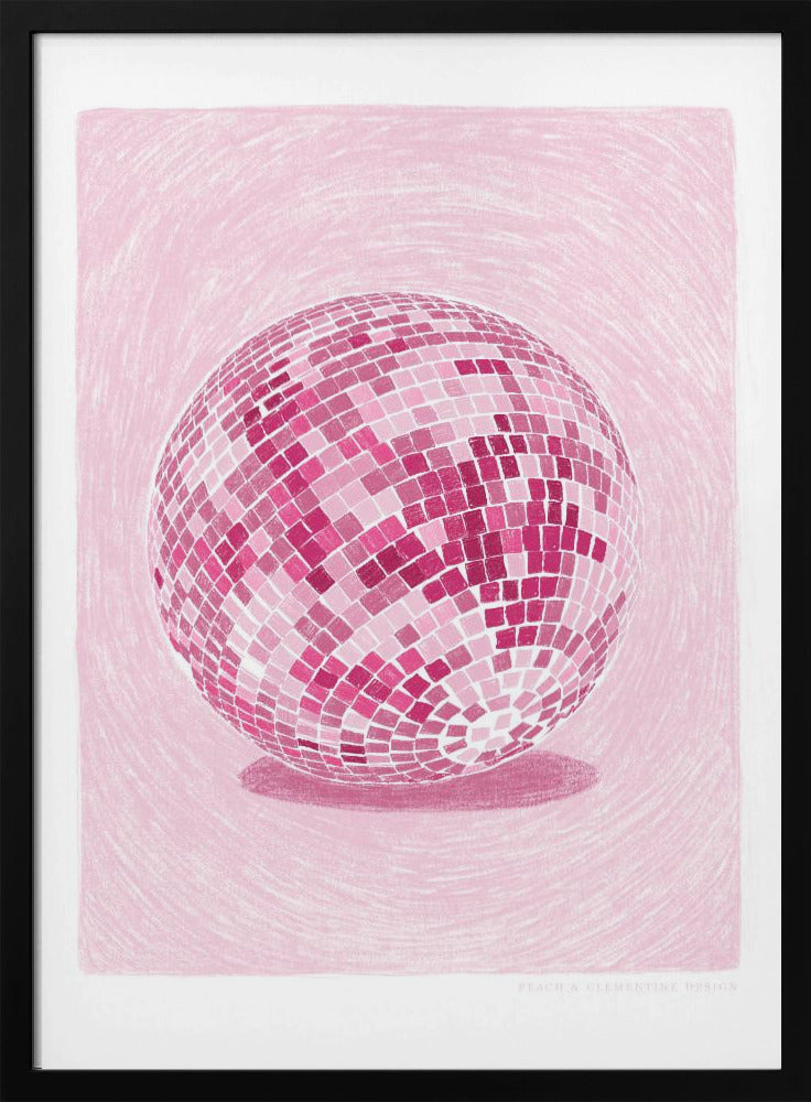 A monochromatic illustration of a disco ball rendered in various shades of pink. The disco ball is centered against a light pink background with a textured, sketchy quality, and it casts a darker pink shadow beneath it. The artwork is shown within a black frame with a white mat. Poster