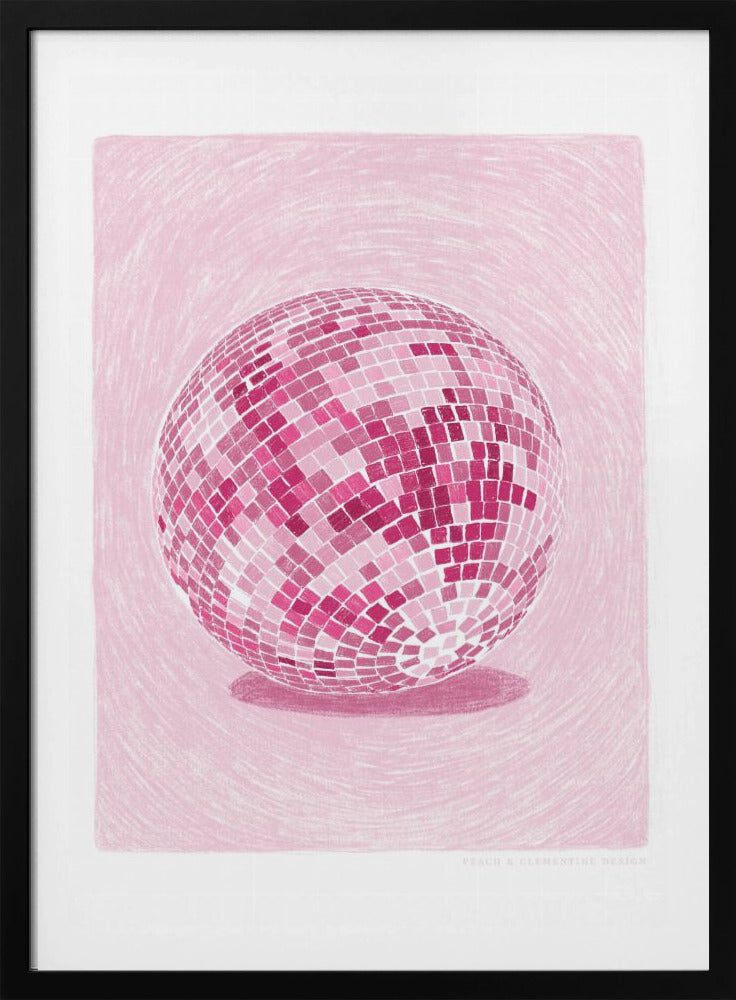 A monochromatic illustration of a disco ball rendered in various shades of pink. The disco ball is centered against a light pink background with a textured, sketchy quality, and it casts a darker pink shadow beneath it. The artwork is shown within a black frame with a white mat. Poster
