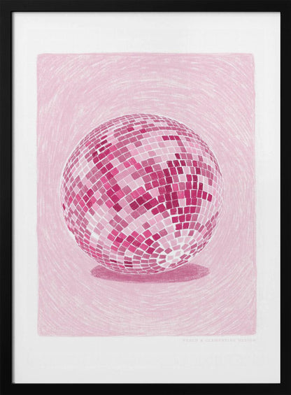 A monochromatic illustration of a disco ball rendered in various shades of pink. The disco ball is centered against a light pink background with a textured, sketchy quality, and it casts a darker pink shadow beneath it. The artwork is shown within a black frame with a white mat. Poster