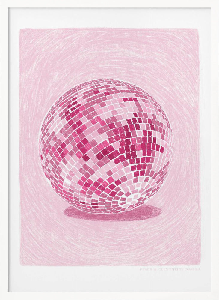 A monochromatic illustration of a disco ball rendered in various shades of pink. The disco ball is centered against a light pink background with a textured, sketchy quality, and it casts a darker pink shadow beneath it. The artwork is shown within a black frame with a white mat. Poster