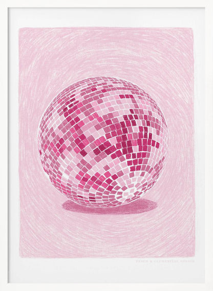 A monochromatic illustration of a disco ball rendered in various shades of pink. The disco ball is centered against a light pink background with a textured, sketchy quality, and it casts a darker pink shadow beneath it. The artwork is shown within a black frame with a white mat. Poster